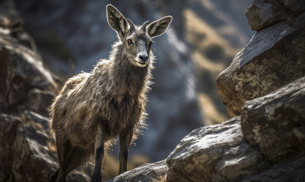Bharal (blue sheep) standing on rocky mountain slope in Himalayas, its thick fur coat shining in sunlight. It's staring towards the distance with legs firmly planted on uneven terrain. Generative AI