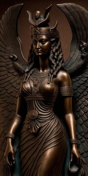 Egyptian goddess Isis depicted over a background of brown corduroy. bronze sculpture. Generative AI