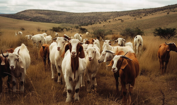 Photo of Boer goats grazing on the tall grass in African savannah, with rolling hills and sparse vegetation in the background. Generative AI