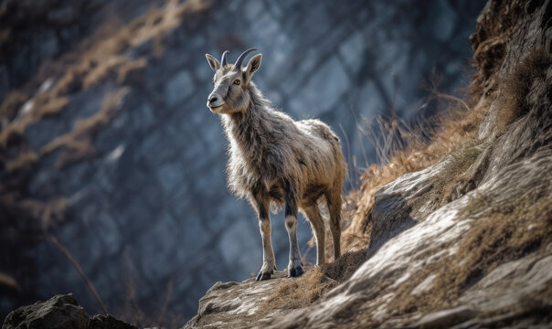 Bharal (blue sheep) standing on rocky mountain slope in Himalayas, its thick fur coat shining in sunlight. It's staring towards the distance with legs firmly planted on uneven terrain. Generative AI
