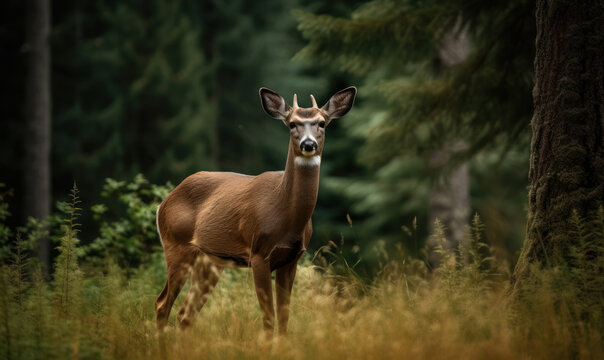 Photo of black-tailed deer grazing peacefully in a verdant meadow surrounded by towering evergreen trees, showcasing the deer's delicate features, graceful form, and striking markings. Generative AI