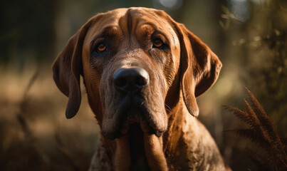 close up photo of bloodhound with natural blurry background. Generative AI - obrazy, fototapety, plakaty