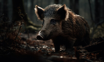 Naklejka na ściany i meble photo of wild boar standing on a forest path in mud. Generative AI
