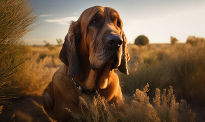 photo of bloodhound during sunset. Generative AI - obrazy, fototapety, plakaty