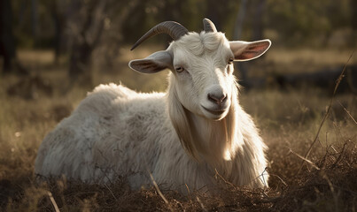 Obraz premium photo of Boer, South African breed of goat lying on savannah during sunset. Generative AI