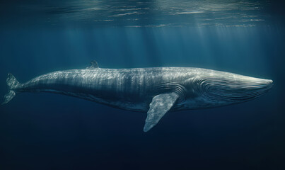 Fototapeta premium Photo of Balaenoptera musculus, also known as the blue whale, in its natural habitat - vastness of the ocean. the blue whale is incredible size as it swims gracefully through the water. Generative AI