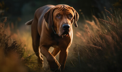 photo of walking bloodhound in tall grass during sunset. Generative AI - obrazy, fototapety, plakaty