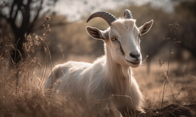 photo of Boer, South African breed of goat lying in its natural habitat. Generative AI