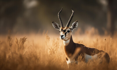 Fototapeta premium Photo of blackbuck standing majestically on the vast grasslands of India, with its impressive spiral horns held high, ready to defend its territory. Generative AI