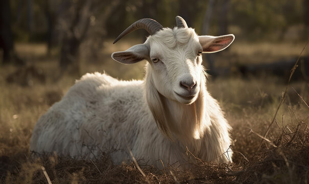 photo of Boer, South African breed of goat lying on savannah during sunset. Generative AI
