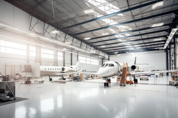 modern aviation hangar with sleek aircraft and technicians working on them, created with generative ai - obrazy, fototapety, plakaty