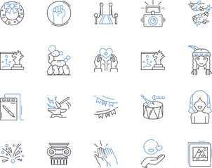 Hobbies and art outline icons collection. Painting, Crafting, Gardening, Photography, Drawing, Astronomy, Knitting vector and illustration concept set. Woodworking, Calligraphy, Writing linear signs