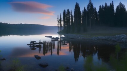 Serene Reflections: A Lush Springtime Lake Encircled by Woodland