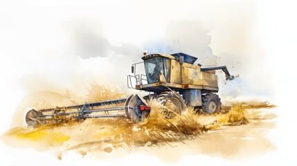Combine harvester harvests ripe wheat colorful illustration. Generative AI
