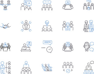Management coworkers outline icons collection. Cooperation, Collaboration, Teamwork, Relationships, Motivation, Communication, Efficiency vector and illustration concept set. Productivity, Respect