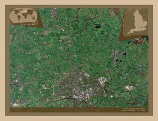 Preston, England - Great Britain. Low-res satellite. Labelled points of cities