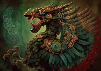 Fototapeta premium Illustration of Quetzalcoatl, feathered serpent of ancient Aztec culture. Generative AI.