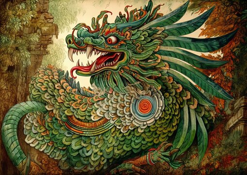 Illustration of Quetzalcoatl, feathered serpent of ancient Aztec culture. Generative AI.