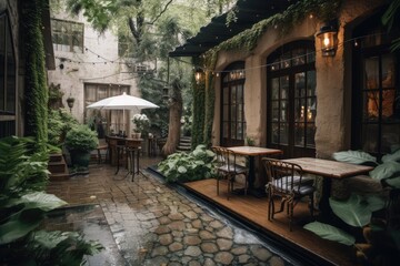 Fototapeta na wymiar a cozy patio surrounded by greenery and a trickle of water, created with generative ai