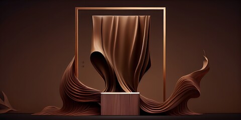 3D display podium, brown background with wood frame pedestal and flying silk cloth curtain. Nature wind. Beauty, cosmetic product presentation stand. Ai generative