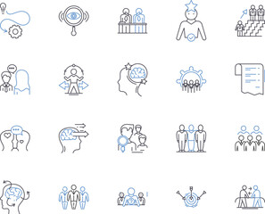 Team management outline icons collection. Teamwork, Cooperation, Organization, Leadership, Planning, Processes, Communication vector and illustration concept set. Delegation, Coordination