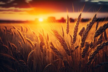 closeup summer wheat field at the sunset. Generative AI