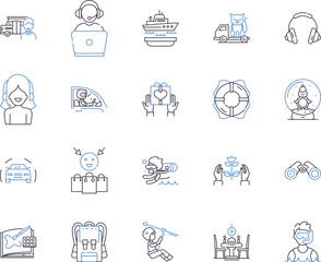 Recreational pursuits outline icons collection. Hobby, Sport, Games, Camping, Fishing, Hiking, Skiing vector and illustration concept set. Boating, Surfing, Swimming linear signs