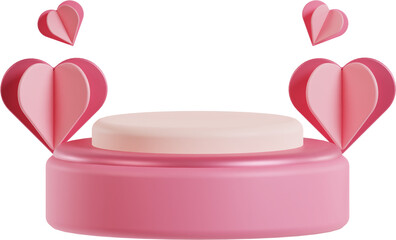 3d podium heart platform, happy valentine pink love display stage illustration