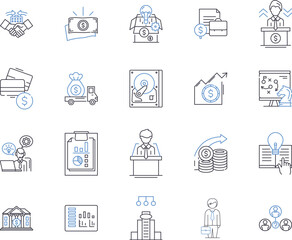 Bank and finance outline icons collection. Bank, Finance, Loan, Mortgage, Investment, Credit, Savings vector and illustration concept set. Capital, Debit, Assets linear signs