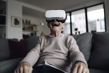 Naklejka na ściany i meble Experience the Future of Entertainment with Elder Man's Happy VR Headset Use