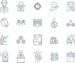 Front office outline icons collection. Front-Office, Reception, Desk, Office, Lobby, Concierge, Counter vector and illustration concept set. Service, Telephone, Clerk linear signs