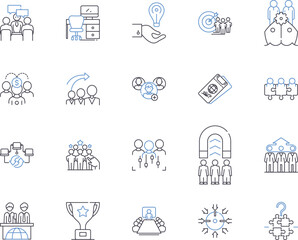 Meeting and collaboration outline icons collection. Coordinating, Collaborating, Connecting, Convening, Discussing, Networking, Assembling vector and illustration concept set. Communicating, Combining