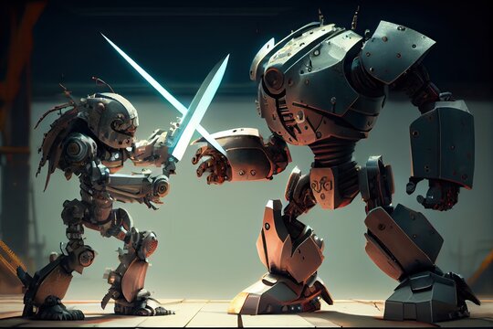 sythe-like robot, armed with saw and knife, faces off against towering metal opponent, created with generative ai