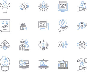 Personal Finance Management outline icons collection. Budgeting, Saving, Investing, Planning, Credit, Insurance, Retirement vector and illustration concept set. Tax, Debt, Paying linear signs