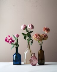 Still life with pink flowers in vases on the white table