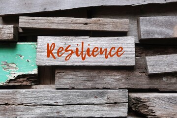 Grunge wood wall with word inscription RESILIENCE, means capacity to recover quickly from difficulties and toughness - ability to cope crisis and spring back to normal quickly - obrazy, fototapety, plakaty