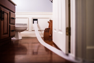 Toilet paper unrolled and trailing out of bathroom door