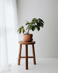Indoor plant in a pot on a wooden stool against a white wall