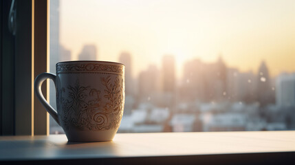 A CUP OF WARM COFFEE STANDS AT THE WINDOW