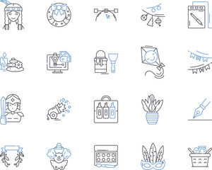 Creative activities outline icons collection. Innovative, Crafting, Drawing, Painting, Designing, Imaginative, Composing vector and illustration concept set. Performance, Scriptwriting, Songs linear