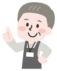 エプロンをつけた笑顔のシニア男性（ネーム付き） 