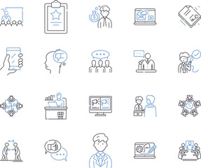 Talent management outline icons collection. Talent, Management, Recruitment, Retention, Engagement, Hiring, Performance vector and illustration concept set. Assessment, Succession, Training linear
