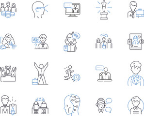 Management work outline icons collection. Management, Work, Control, Plan, Organize, Lead, Supervise vector and illustration concept set. Coordinate, Direct, Schedule linear signs