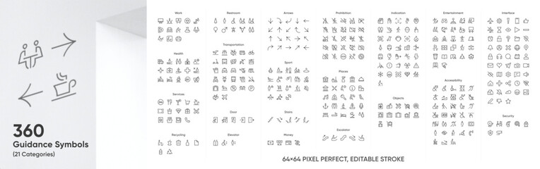 Guidance Symbols vector. arrows, sport, health, work, services, recycling, transportation, elevator, prohibition, escalator, indication, entertainment, accessibility, interface, security etc.