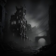 Obraz premium Ruined gloomy city at night in darkness and fog. Post-apocalypse.