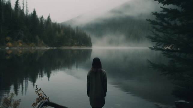 human emotions depression, man, lost in life and lonely looking at the lake in thoughts about life