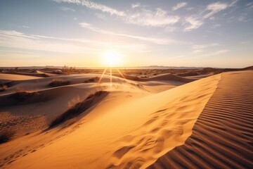 Obraz na płótnie Canvas majestic sunrise over desert landscape with towering sand dunes and crystal-clear skies, created with generative ai