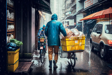 Obraz na płótnie Canvas Man wearing a blue hooded anorak pushes a heavily loaded bicycle down the sidewalk of a big city in heavy rain, made with generative ai
