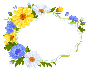 Cute greeting card, label or banner template with wildflowers. White and yellow daisy flowers, blue cornflowers, leaves and buds isolated on a white background. Vector botanical illustration