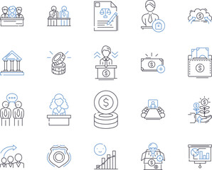 Bank legal outline icons collection. Bank, Legal, Contract, Finance, Law, Issues, Rights vector and illustration concept set. Compliance,Agreement,Rule linear signs